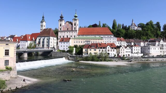 River mouth of the Steyr into the Enns with B&uuml;rgerspitalskirche and Michaelerkirche, Steyr, Upper Austria, Austria