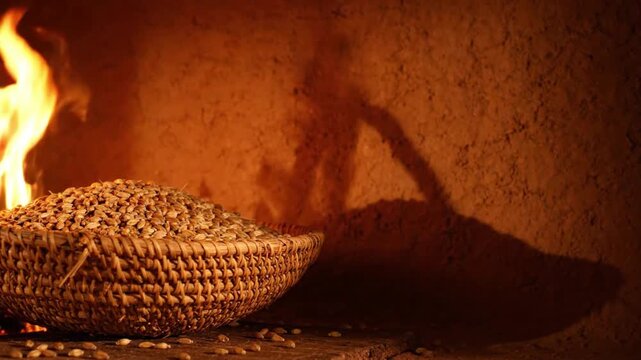 Rustic Woven Basket Overflowing with Harvest Grains Beside Warm Glowing Fire Casting Long Shadows   