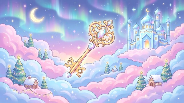 Golden magic key floating in pink clouds with a winter palace background