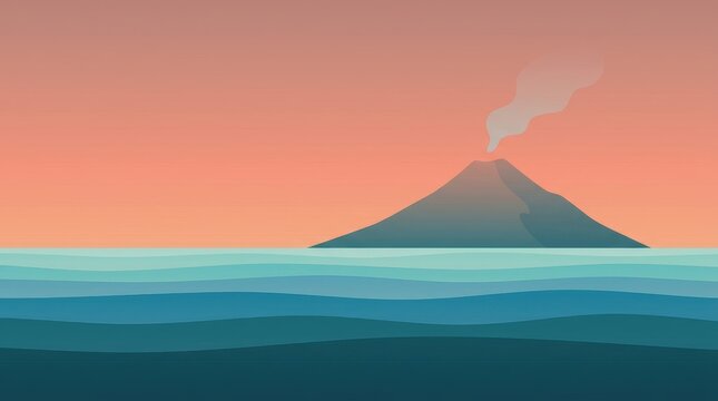 Volcanic island with smoke plume rises from layered ocean waves vector illustration