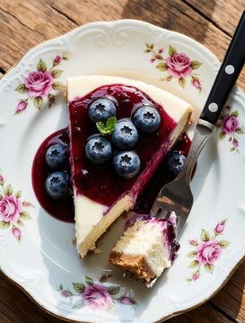 Close up of creamy cheesecake slice on vintage floral plate. Fresh blueberries, berry compote sauce top delicious dessert. Metal fork takes bite of sweet cake on rustic wooden table. Tasty homemade