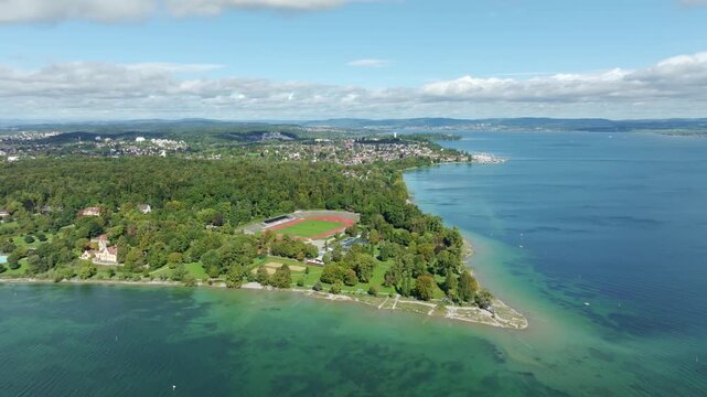 Aerial view of Lake Constance with the Horn lido, Lake Constance stadium and Loretto forest, on the far right the ferry harbour with the connection to Constance, Meersburg, district of Constance, Bad