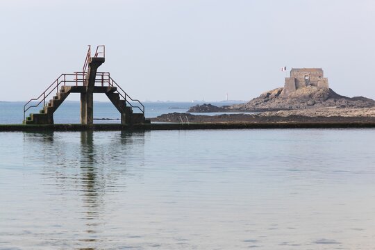 View of the swimming pool and the coast in Saint-Malo in Brittany, France