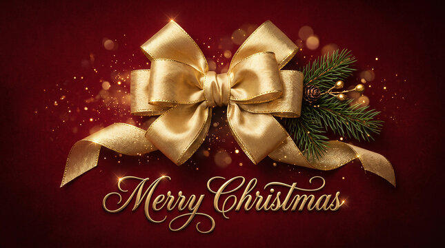 Merry Christmas golden text with beautiful large bow on dark red background perfect for festive holiday greeting cards and seasonal retail promotions