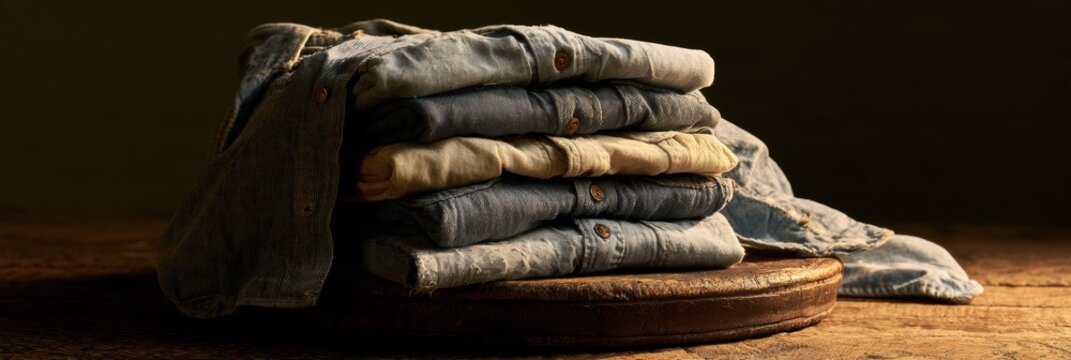 A stack of four vintage workwear shirts in worn colors rests on a rustic wooden surface, showing details of the fabric and texture.
