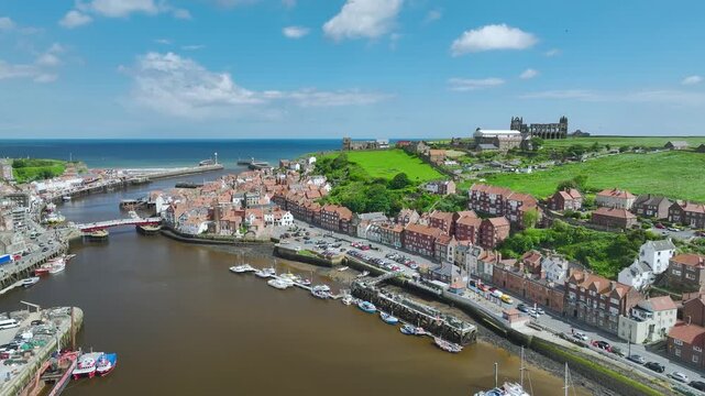 Whitby over River Esk from a drone, North Yorkshire, England, United Kingdom