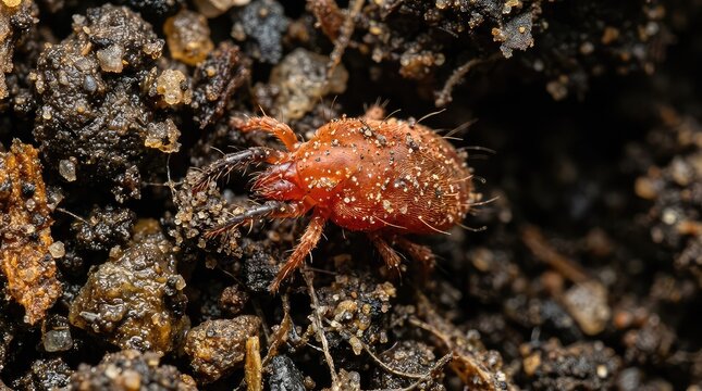 Detailed microscopic view of a soil mite, highlighting its intricate dust-covered pincer appendages within dark underground particles, natural history, dark, dirt