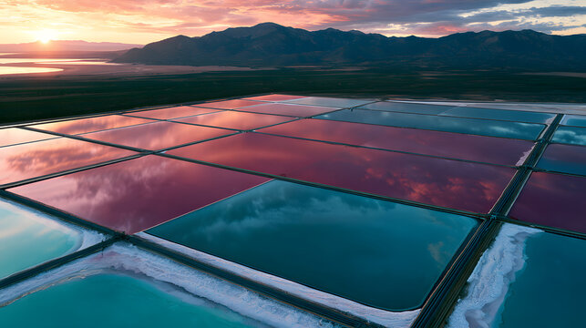 aerial view of mineral mining evaporation ponds, industrial landscape with brine pools reflects sunset light. Eco-tech for lithium extraction in desert mountains. Critical raw material for electric ve