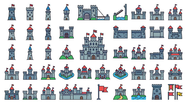 Medieval Castle Icons Set Vector Illustration