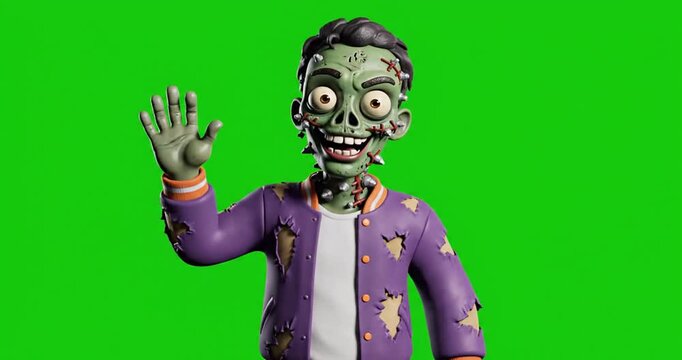 Animated character of a helloween zombie frankenstein who greets the viewer and waves his hand, on a green background chromakey 