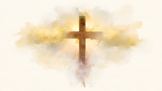 A beautifully carved wooden cross set against a gentle, golden watercolor backdrop, with wispy, ethereal clouds