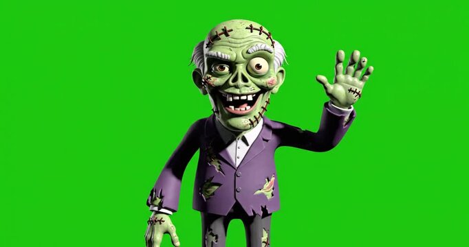 Animated character of a helloween zombie frankenstein who greets the viewer and waves his hand, on a green background chromakey 
