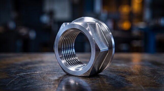 Metal industrial nut on table.
