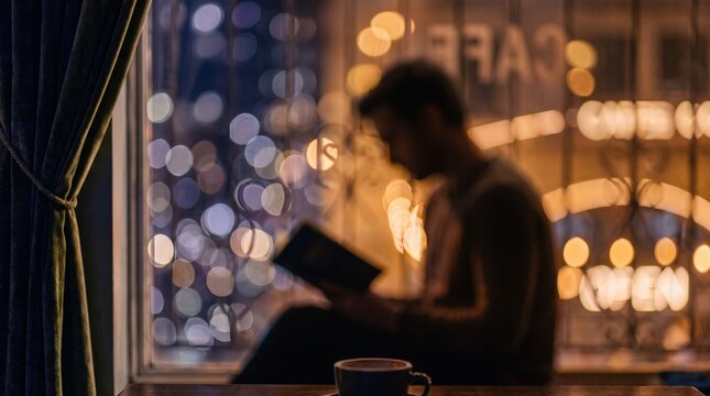 Blurred person reading near window
