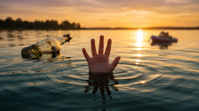 A hand emerges from lake.
