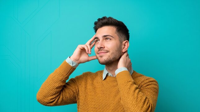Young man thinking against background
