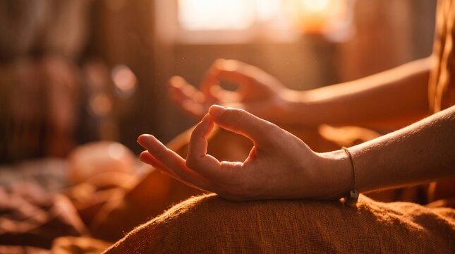 Close up of hands meditating.
