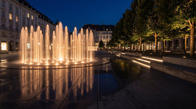 City plaza with central fountain illuminated at night