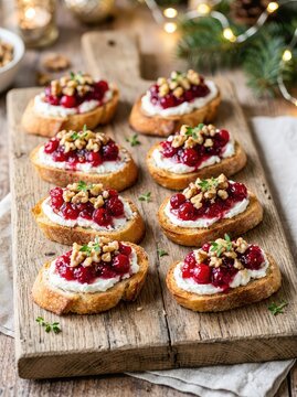 Festive holiday crostini appetizers with creamy goat cheese, vibrant cranberry jam, and chopped walnuts, arranged on a rustic wooden board, garnish, delicious food, delicious
