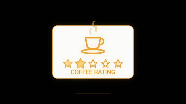 Animated coffee rating icon with five stars and steam, abstract background