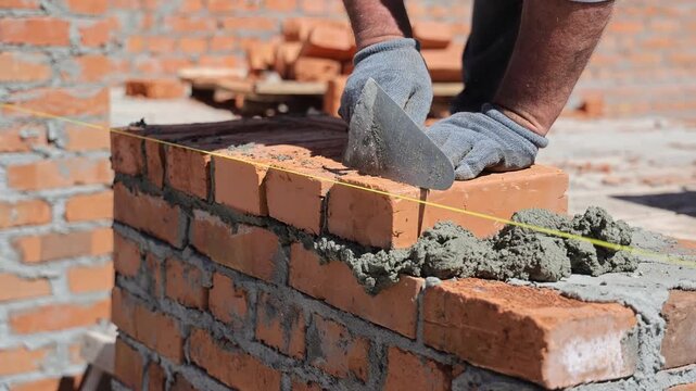 Mason places a red clay brick into fresh mortar on a new wall close up, Gloved hands align brickwork along a guide string at a building site