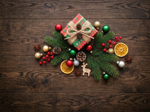 festive top down view of colorful christmas decorations presents and natural elements gathered on a rustic wooden table, still life, bauble, overhead