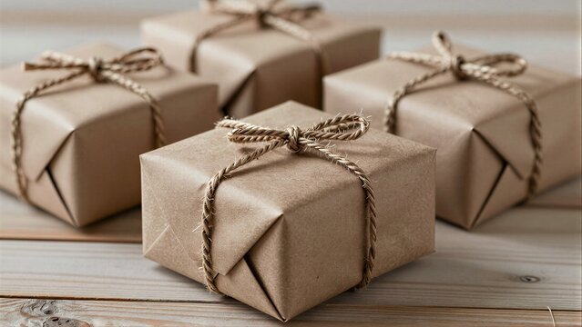 Brown paper gifts tied with twine on a wooden surface, rustic and charming.