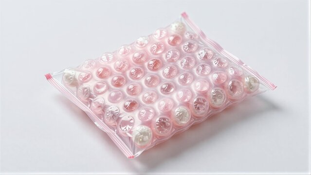 Pink bubble wrap in clear plastic bag, sealed with red zipper.