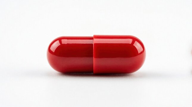 Single red medical capsule isolated on white background. Pharmaceutical drug vitamin supplement for healthcare treatment. Macro shot of antibiotic pill medicament capsule used in pharmacy, medicine