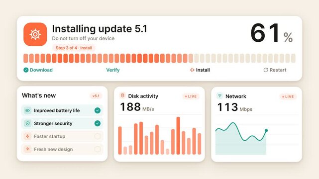 Software Update Progress Bar Interface Animation, Modern UI Dashboard Showing Download and Installation Status on Solid Background