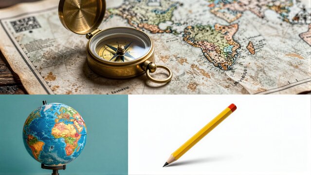Vintage compass on map, globe and pencil symbolizing exploration, knowledge, and creation.