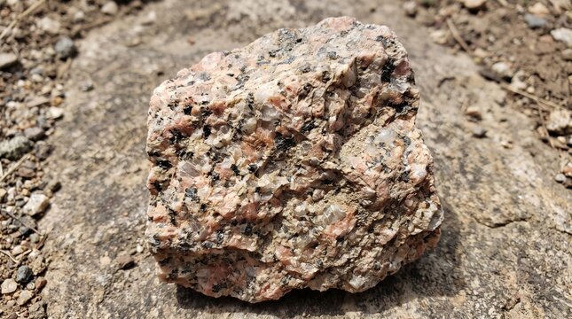 Natural raw pink granite igneous rock sample with visible mineral crystal texture