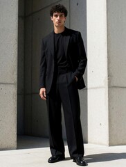 Fototapeta premium Handsome young man wears stylish black suit, t-shirt. Model poses alone against concrete wall in urban setting. Fashionable guy looks at camera with confident face. Trendy male clothing for business