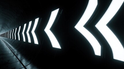 Fototapeta premium Glowing white arrows line dark futuristic tunnel. Bright light signals point forward through underground passage. Neon direction markers guide way in modern transit corridor. Abstract geometric