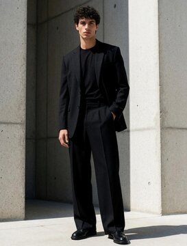 Handsome young man wears stylish black suit, t-shirt. Model poses alone against concrete wall in urban setting. Fashionable guy looks at camera with confident face. Trendy male clothing for business