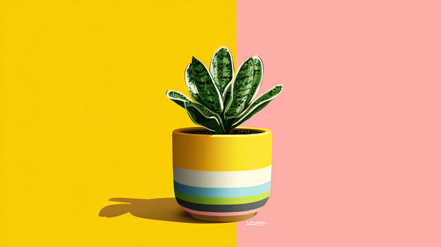 Modern potted plant with green leaves on colorful background for home decor
