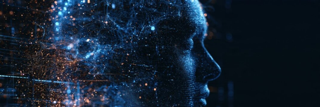 Artwork illustrates a human face merged with digital elements to represent neural connections with AI systems enhancing intelligence.
