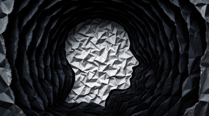 Fototapeta premium Crumpled paper silhouette of human head profile inside dark tunnel. Abstract layered paper art represents mental health issues like depression, anxiety stress. Mind concept shows deep thoughts,
