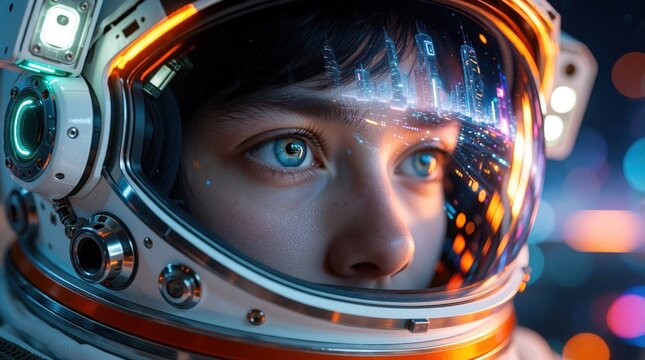 Close up of astronaut eyes behind space helmet visor. Futuristic city skyline reflects in glass. Human explorer looks at advanced urban world cosmic civilization. Visionary concept about space