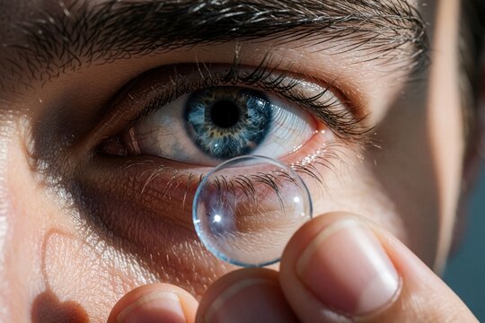 Close up of young man holding transparent contact lens near blue eye. Person applies corrective lens for vision improvement. Hand touches skin near eye to fix sight problems with optical device in