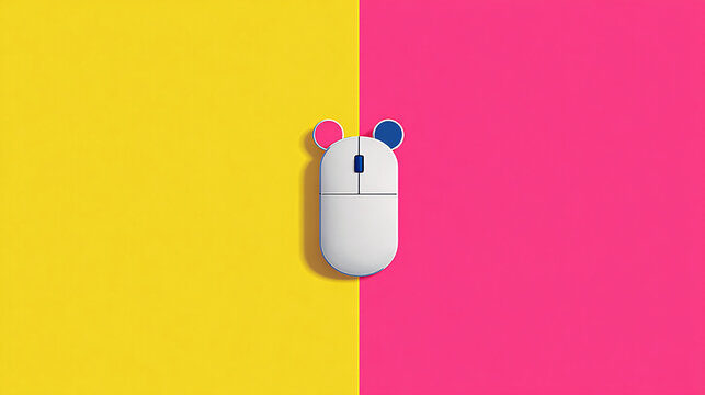 Modern computer mouse with mouse pads on vibrant pink and yellow background