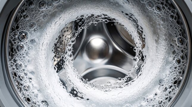 Close up view of washing machine drum with soap bubbles. White foam, suds swirl inside metal appliance during spin cycle. Liquid detergent creates vortex pattern in laundry machine for clean clothes