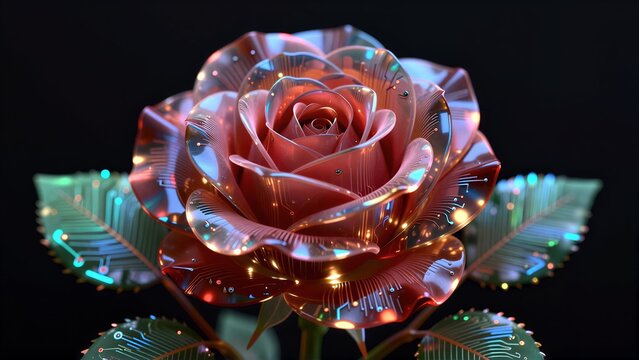 Futuristic roses with glowing circuit patterns, blending nature and technology.