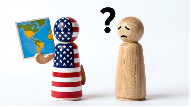 American figure puzzled next to plain one, world map in background.
