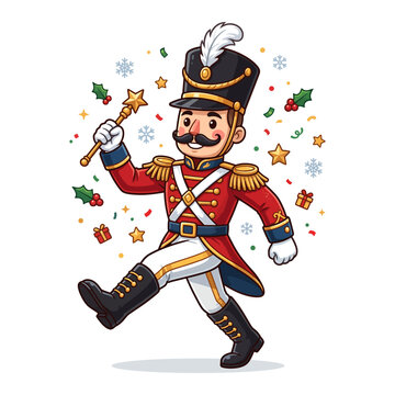 Cheerful Nutcracker Soldier Character Holding A Star Wand Celebrating Christmas With Festive Decorations And Confetti Isolated On White