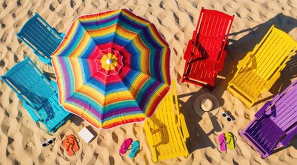Fototapeta premium Top view of colorful beach umbrella with bright sun loungers on sand. Multi colored deck chairs, flip flops lie near sea shore. Summer vacation concept with tropical resort setup for relaxation,