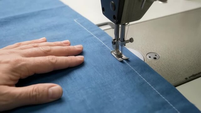 ミシンの針と送りが連動して布を縫い進める接写、縫製、衣料品製造、ソーイング教室、布製品の制作紹介