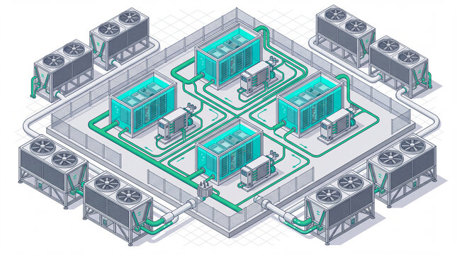 An isometric 3D vector diagram of a high-density AI data center liquid cooling system, showing single-phase liquid immersion cooling tanks, direct-to-chip cold plates, Coolant Distribution Units (CDU)