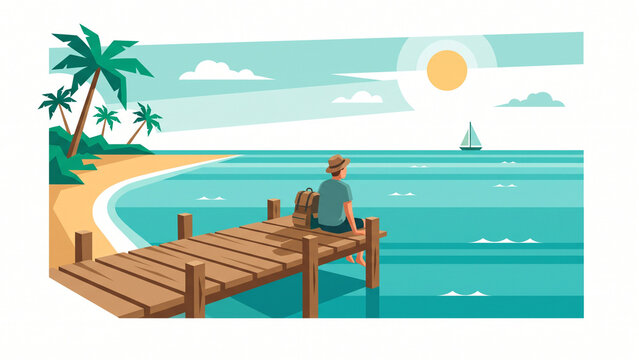Faceless Male Traveler Sitting on Wooden Pier by Tropical Turquoise Beach, Summer Vacation and Island Travel Flat Vector Illustration