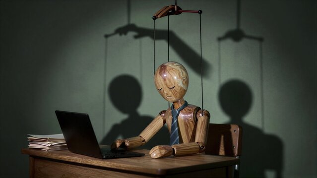 Wooden puppet in tie sits at desk, hand controls strings from above.